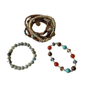 Casual Fashion Stretch Bracelets, Wood Multi Set + Rubber Seahorse + Beads